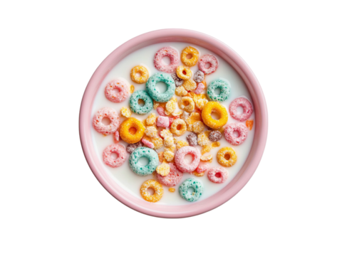 Bowl of Milk with Colorful Cereal Pieces
