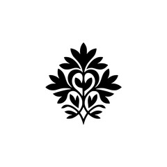 Elegant Black Damask Floral Ornament on White Background