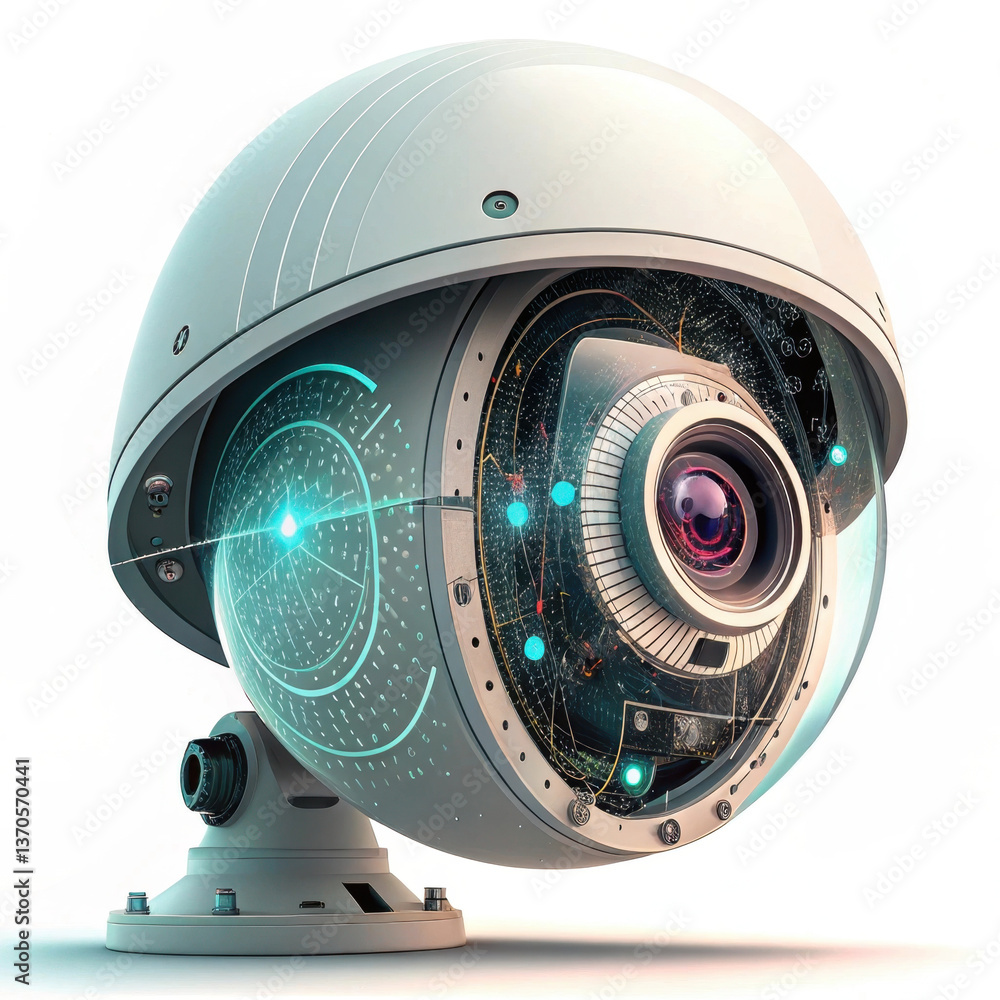 Poster futuristic surveillance camera with spherical design features digital interface and advanced ai tech