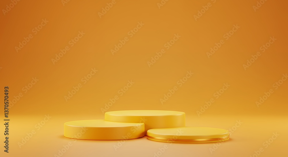 Poster three yellow podiums for product display in a minimalistic background studio