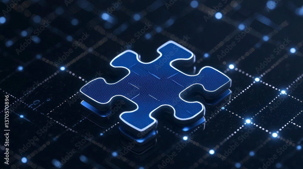 Poster a single blue puzzle piece on a dark digital network background representing connection and solution