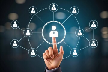 Digital platform connecting and futuristic technology. Hand pointing at a network of user icons, symbolizing connection and communication.