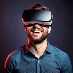 Obraz premium Generated imageHappy man enjoying virtual reality experience with vr goggles