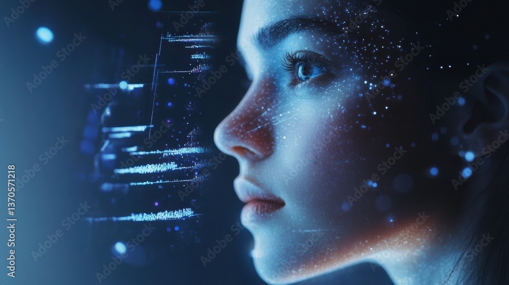 Poster futuristic shopping concept depicts person using voice assistant to purchase items, utilizing hologr