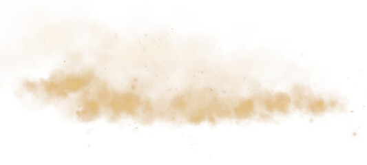 Magic golden smoke with glitter and small particles of twinkling stars. Fog with luminous particles. Yellow vapor with stardust. Morning fog over land or water surface, magic haze. PNG.