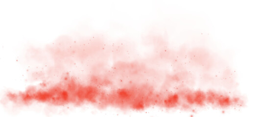 Fototapeta premium Magic red smoke with glitter and small particles of twinkling stars. Fog with luminous particles. Red vapor with stardust. Morning fog over land or water surface, magic haze. Fog or smoke. PNG.