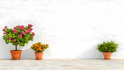 Three potted plants, vibrant flowers, terracotta pots against a whitewashed wall