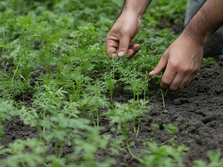 Hands tending to young carrot plants in a garden.