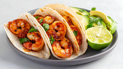 Three shrimp tacos with avocado and lime