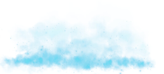 Magic blue smoke with glitter and small particles of twinkling stars. Fog with luminous particles. Blue vapor with stardust. Morning fog over land or water surface, magic haze. PNG.
