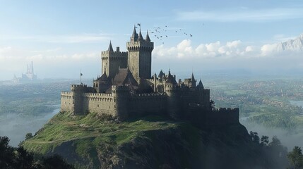 Majestic medieval castle towers above a picturesque landscape on hilltop vista