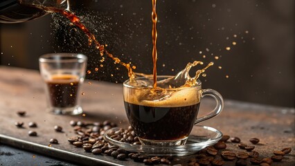 Espresso shot captured mid pour with dynamic splashes in a cozy cafe setting during the morning hours
