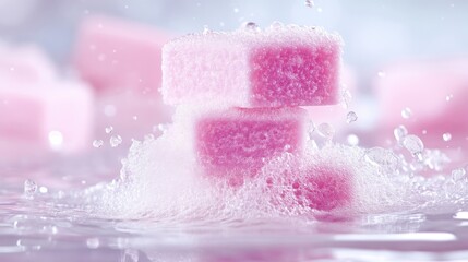 Pink bath cubes in water with bubbles