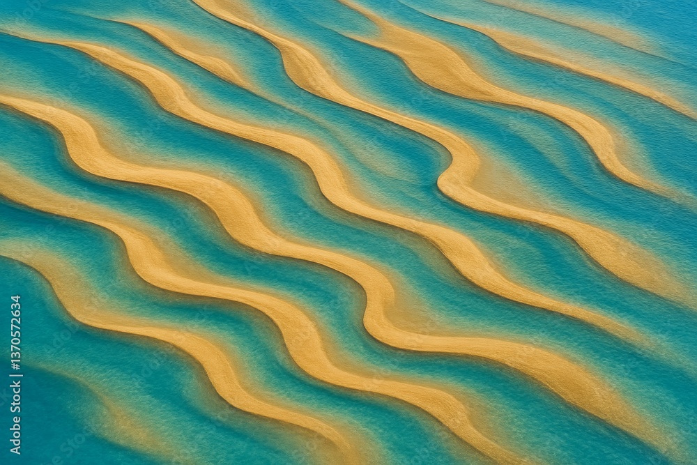 Poster capturing an aerial view of stunning sandbars creating wavy patterns in shallow, turquoise waters, s