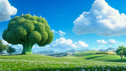 Fototapeta premium In a vibrant landscape, a giant broccoli-shaped tree stands proudly amidst a lush green meadow adorned with blooming flowers. Fluffy clouds float overhead, creating a cheerful atmosphere