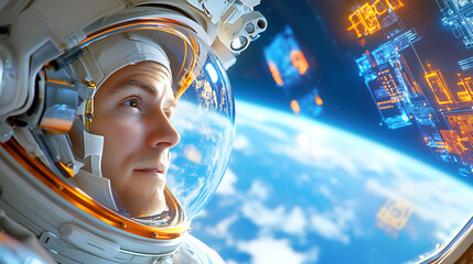 An astronaut is positioned in the vastness of space, gazing thoughtfully at a digital holographic display. Earth is visible in the background, showcasing a beautiful view of our planet