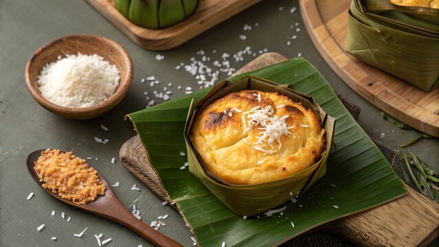 Delicious bibingka baked in a banana leaf mold showcasing traditional Filipino flavors and textures crafted with care