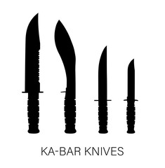 Set of vector black silhouettes of Ka-Bar knives on a white background. Banner with icons for posters, backgrounds, computer games of the action and shooter genre.