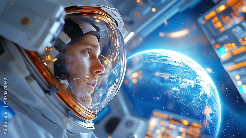 Poster an astronaut gazes at the stunning view of earth from the spacecraft, surrounded by advanced control