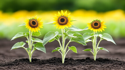 Three young sunflowers in rich soil, facing forward, against a blurred field background