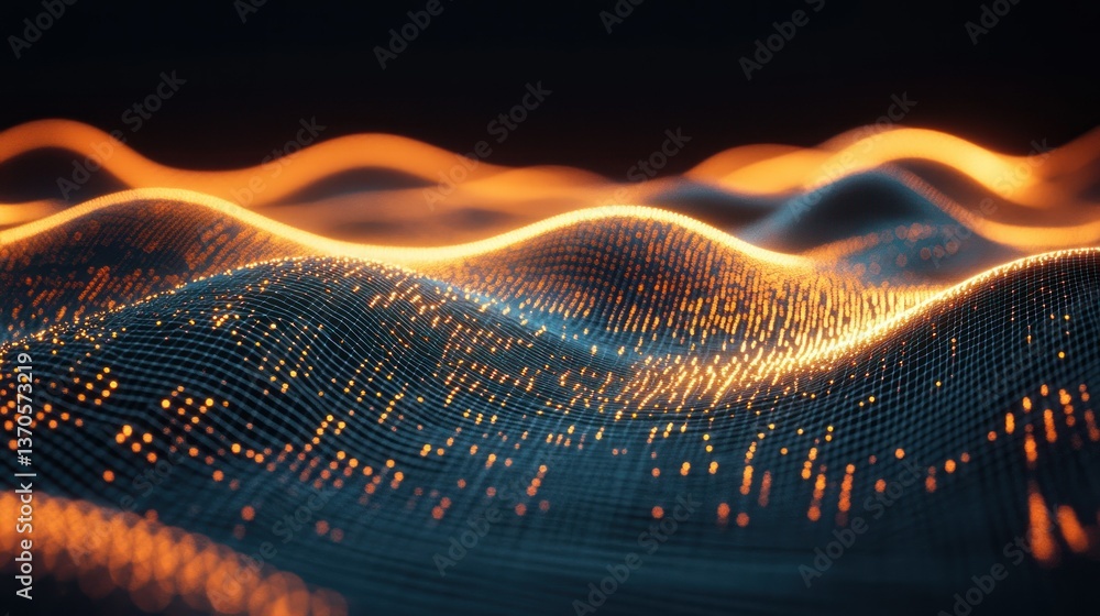 Poster A glowing digital data landscape with multiple flowing wave patterns