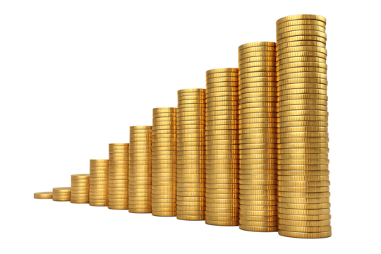 Stacks of golden coins arranged in an ascending bar graph on a  isolated on transparent or white background, png  plain background showing growth