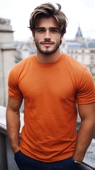 Handsome man in orange t-shirt.