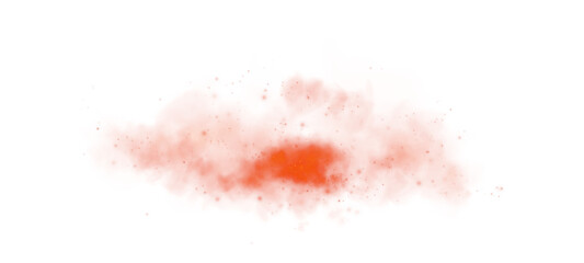 Magic red smoke with glitter and small particles of twinkling stars. Fog with luminous particles. Red vapor with stardust. Morning fog over land or water surface, magic haze. Fog or smoke. PNG.