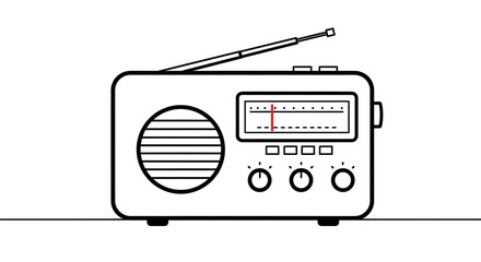 Minimalist retro radio line art with tuner dial and antenna extended.  
