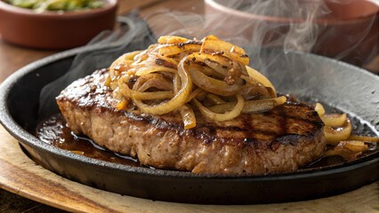 Juicy pan seared bistec topped with caramelized onions in a sizzling skillet