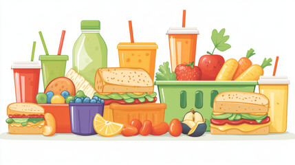 Fototapeta premium Lunchbox set isolated on white background. Vector cartoon illustration of fresh healthy food in plastic containers, vacuum flasks with drinks, vegetable salad, fruits, sandwich packed for school lunch