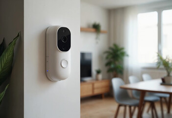 Smart security camera mounted indoors in a modern home setting  