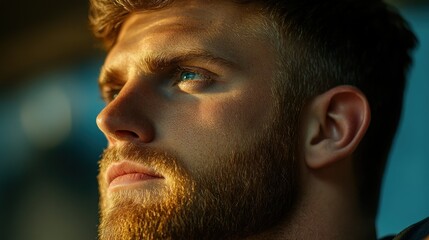 Obraz premium Portrait showcasing a handsome man bathed in warm golden light