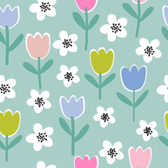 Seamless pattern of abstract tulip flowers in modern style. Floral hand draw print for fabric, textile, wallpaper, apparel. Bright color Vector illustration