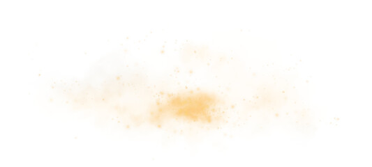 Magic yellow smoke with glitter and small particles of twinkling stars. Fog with luminous particles. Yellow vapor with stardust. Morning fog over land or water surface, magic haze. Fog or smoke. PNG.