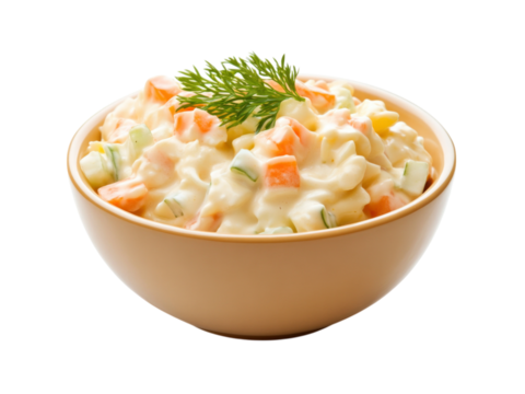 Creamy Olivier salad in Brown Bowl