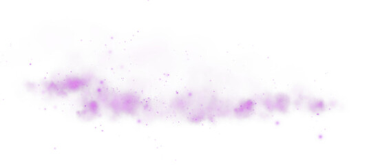 Magic purple smoke with glitter and small particles of twinkling stars. Fog with luminous particles. Purple vapor with stardust. Morning fog over land or water surface, magic haze. Fog or smoke. PNG.