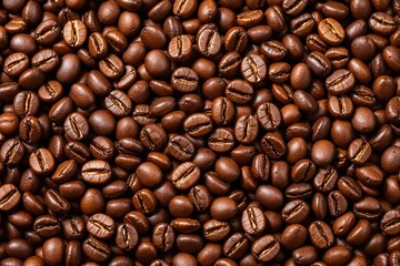 Fototapeta premium Close-up of roasted coffee beans with rich brown color and glossy texture.