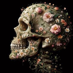 skull intricately decorated with blooming flowers