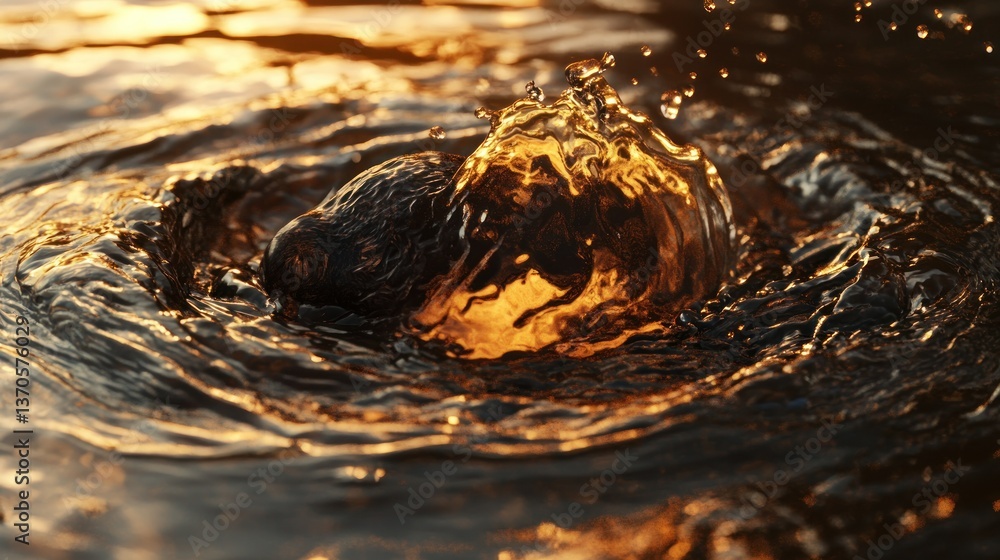 Poster a dark object creates a splash in a liquid with golden reflections