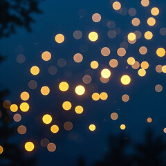 bokeh lights, golden glowing orbs, blurred background, dark blue tones,