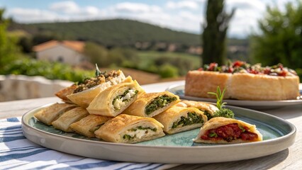 Bite-sized pieces of flavorful pastries served on a rustic platter with a scenic backdrop of hills and countryside