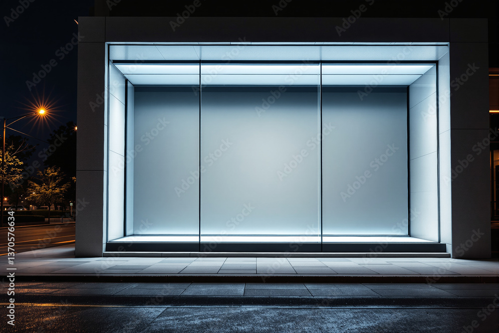 Poster Blank illuminated storefront display with modern design at night.