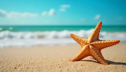 Starfish on the beach, Summer vacation concept , Starfish on sandy beach at sunset waves perfect for summer vacation themes created with generative ai.