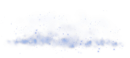 Magic blue smoke with glitter and small particles of twinkling stars. Fog with luminous particles. Blue vapor with stardust. Morning fog over land or water surface, magic haze. Fog or smoke. PNG.