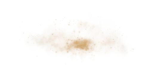 Magic golden smoke with glitter and small particles of twinkling stars. Fog with luminous particles. Yellow vapor with stardust. Morning fog over land or water surface, magic haze. Fog or smoke. PNG.
