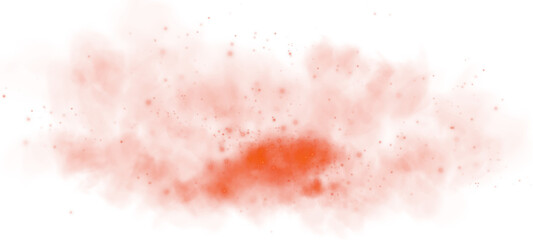 Obraz premium Magic red smoke with glitter and small particles of twinkling stars. Fog with luminous particles. Red vapor with stardust. Morning fog over land or water surface, magic haze. Fog or smoke. PNG.