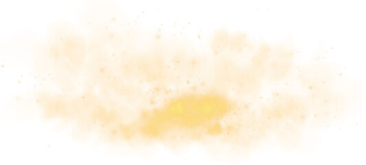 Magic yellow smoke with glitter and small particles of twinkling stars. Fog with luminous particles. Yellow vapor with stardust. Morning fog over land or water surface, magic haze. Fog or smoke. PNG.