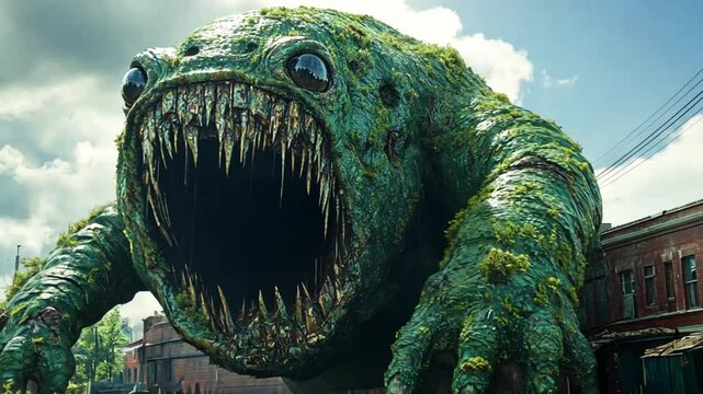 Huge overgrown monster roars in dilapidated city