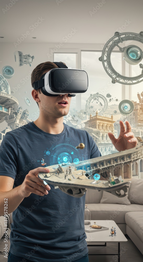 Poster the user is immersed in a virtual world through a vr headset, exploring new facets of entertainment 
